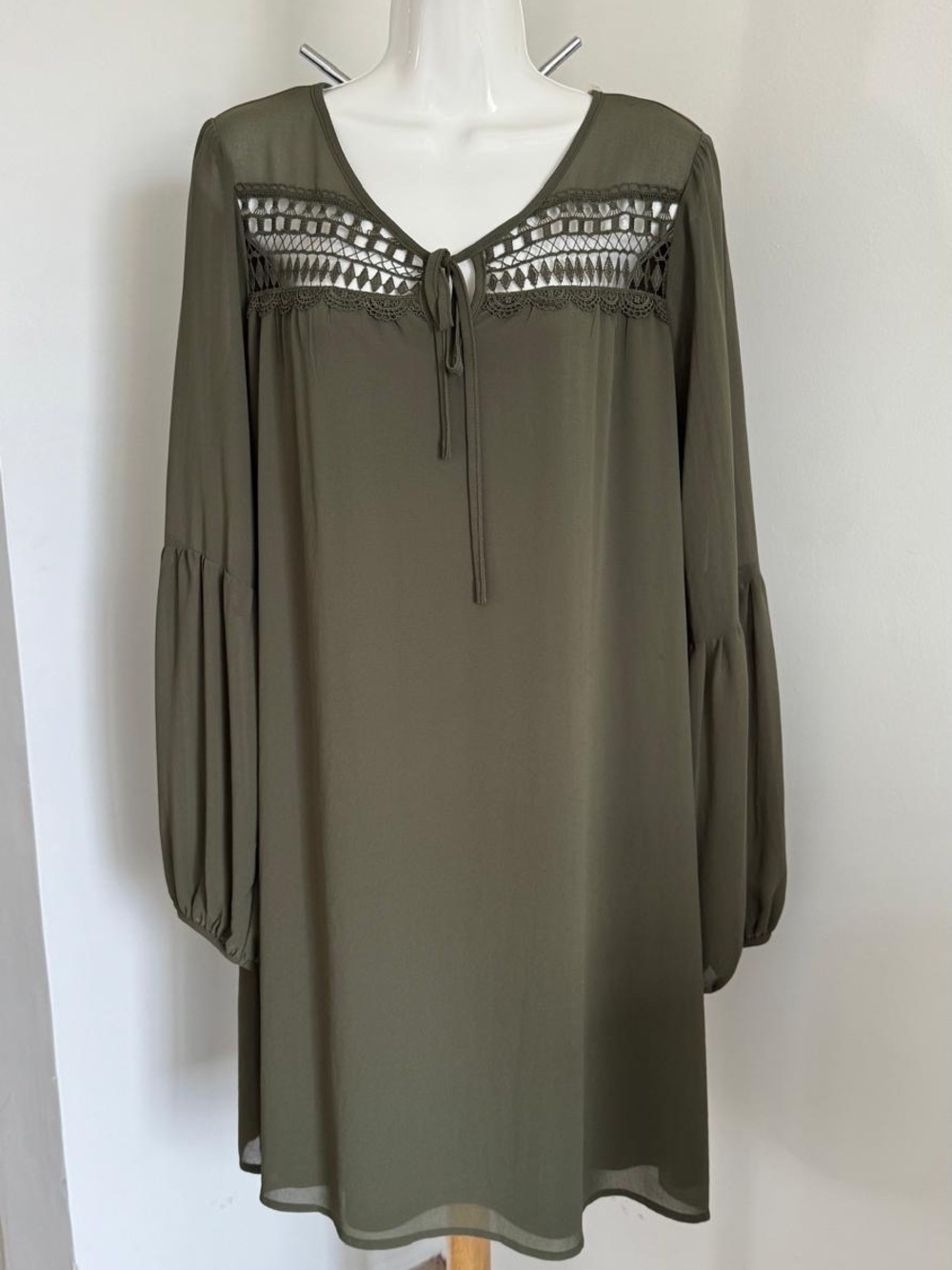 Halo Olive Crochet Yoke Long Sleeve Dress